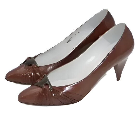 Palizzio Spanish Brown-Burgundy Leather Structured Twist Cone Pumps Heels 9 - Picture 6 of 13